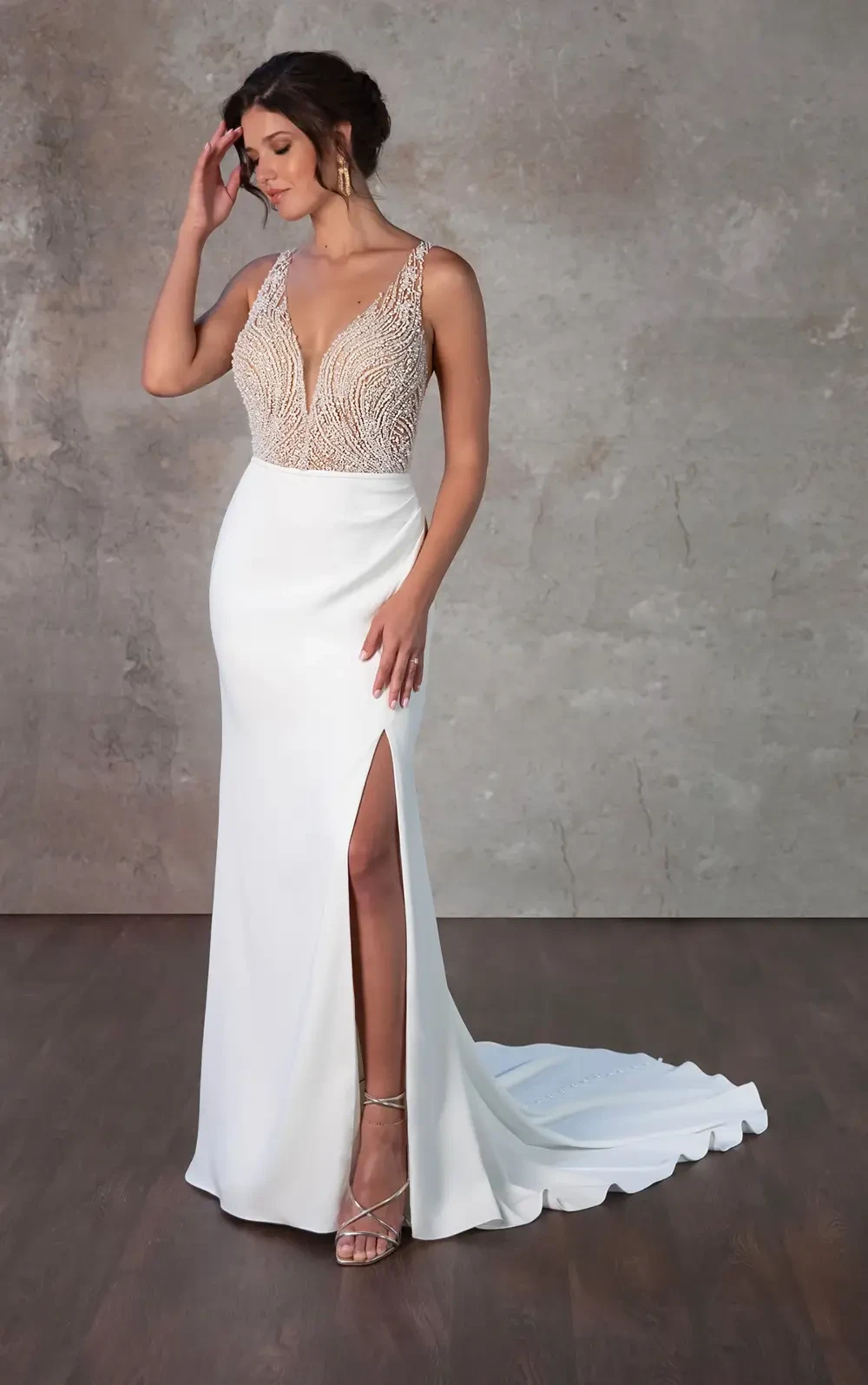Essense of Australia Style D4144 Glamorous Deep V-Neckline - Column wedding dress with crepe and pearl beaded embroidery