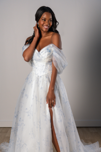 Stella York #SY8215 #2 default (FB-IV) FRENCH BLUE FLORAL PRINTED ORGANZA OVER IVORY GOWN thumbnail