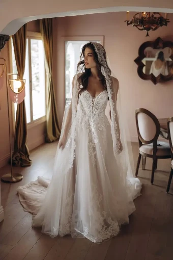 Stella York #SY8293 #0 default (IVBC-PL) IVORY LACE & TULLE OVER BISCOTTI GWN W PORCELAIN TULLE PLUNGE thumbnail