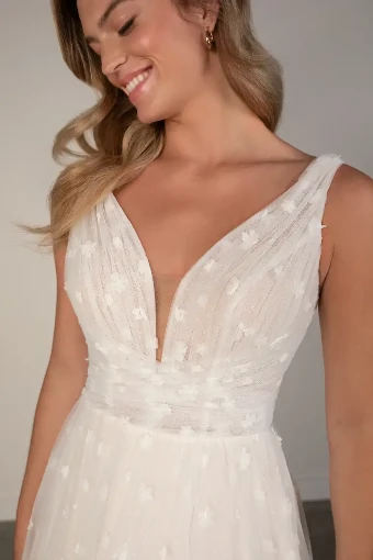 Private Label #PA1383 #0 default (IVAL-PL) Ivory Lace & Tulle over Almond Gown w Porcelain Tulle Plunge thumbnail