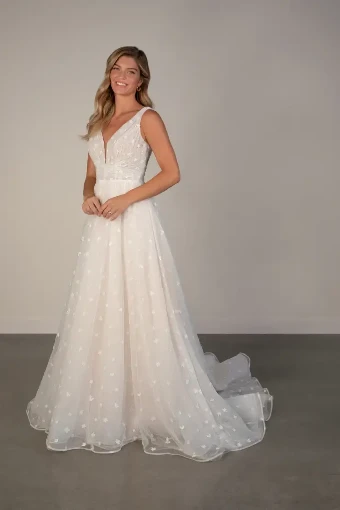 Private Label #PA1383 #2 default (IVAL-PL) Ivory Lace & Tulle over Almond Gown w Porcelain Tulle Plunge thumbnail