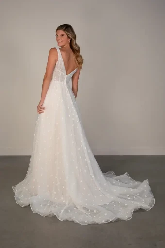 Private Label #PA1383 #1 (IVAL-PL) Ivory Lace & Tulle over Almond Gown w Porcelain Tulle Plunge thumbnail
